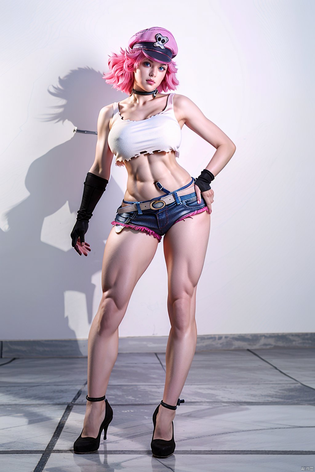 Full body, masterpiece,best quality,face detail,extreme detail,8k,white background,,poisonsfv,1girl,solo,breasts,looking at viewer,short hair,blue eyes,large breasts,gloves,hat,navel,pink high heels, hair,shorts,choker,black gloves,elbow gloves,midriff,belt,fingerless gloves,nail polish,lips,crop top,torn clothes,makeup,abs,tank top,denim,lipstick,peaked cap,pink nails,single glove,toned,nose,pink headwear,single elbow glove,cowboy_shot,standing pose, POISONSFV, Hands on own breasts and covering crotch, NSFW, Hourglass body shape,