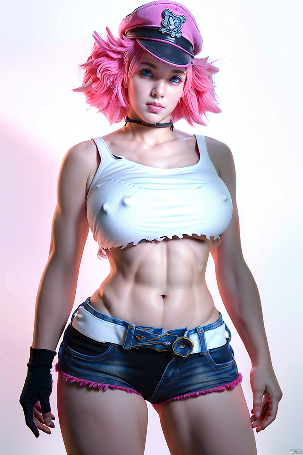  masterpiece,best quality,face detail,extreme detail,8k,white background,,poisonsfv,1girl,solo,breasts,looking at viewer,short hair,blue eyes,large breasts,gloves,hat,navel,pink hair,shorts,choker,black gloves,elbow gloves,midriff,belt,fingerless gloves,nail polish,lips,crop top,torn clothes,makeup,abs,tank top,denim,lipstick,peaked cap,pink nails,single glove,toned,nose,pink headwear,single elbow glove,cowboy_shot,standing pose, POISONSFV, Hands on own breasts and covering crotch, NSFW, Hourglass body shape