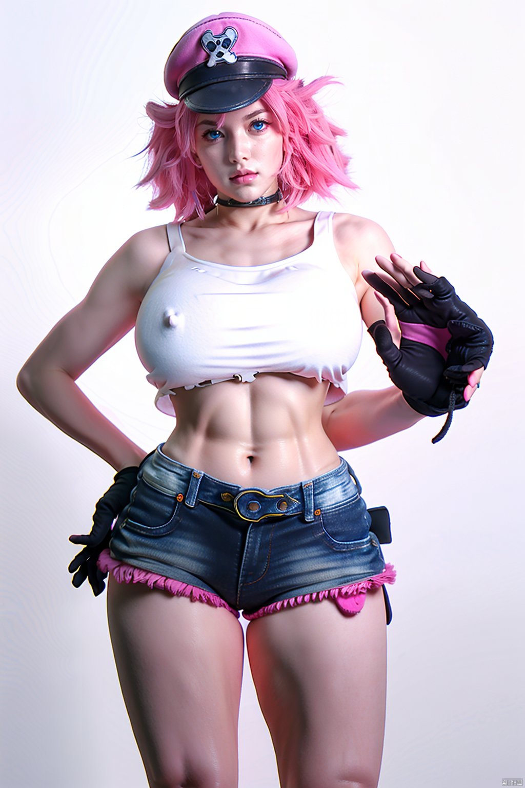 Full body, masterpiece,best quality,face detail,extreme detail,8k,white background,,poisonsfv,1girl,solo,breasts,looking at viewer,short hair,blue eyes,large breasts,gloves,hat,navel,pink hair,shorts,choker,black gloves,elbow gloves,midriff,belt,fingerless gloves,nail polish,lips,crop top,torn clothes,makeup,abs,tank top,denim,lipstick,peaked cap,pink nails,single glove,toned,nose,pink headwear,single elbow glove,cowboy_shot,standing pose, POISONSFV, Hands on own breasts and covering crotch, NSFW, Hourglass body shape