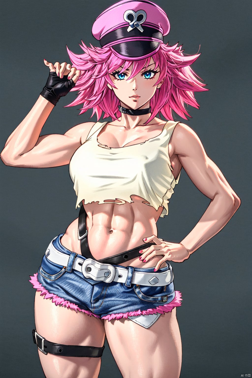  masterpiece,best quality,face detail,extreme detail,8k,white background,,poisonsfv,1girl,solo,breasts,looking at viewer,short hair,blue eyes,large breasts,gloves,hat,navel,pink hair,shorts,choker,black gloves,elbow gloves,midriff,belt,fingerless gloves,nail polish,lips,crop top,torn clothes,makeup,abs,tank top,denim,lipstick,peaked cap,pink nails,single glove,toned,nose,pink headwear,single elbow glove,cowboy_shot,standing pose, POISONSFV