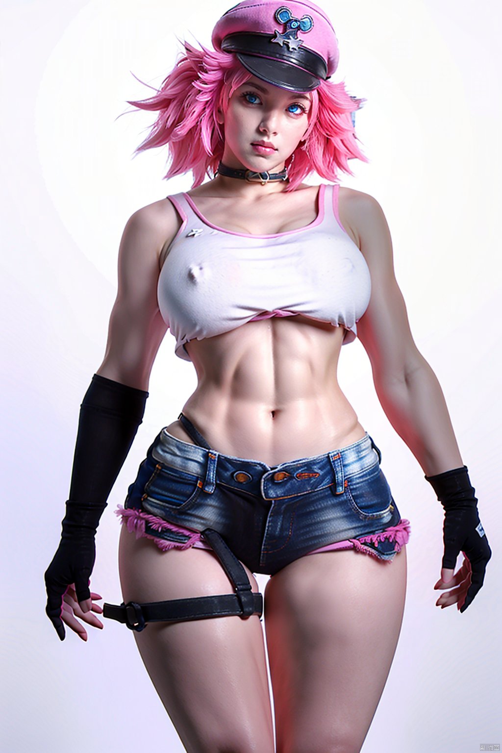  masterpiece,best quality,face detail,extreme detail,8k,white background,,poisonsfv,1girl,solo,breasts,looking at viewer,short hair,blue eyes,large breasts,gloves,hat,navel,pink hair,shorts,choker,black gloves,elbow gloves,midriff,belt,fingerless gloves,nail polish,lips,crop top,torn clothes,makeup,abs,tank top,denim,lipstick,peaked cap,pink nails,single glove,toned,nose,pink headwear,single elbow glove,cowboy_shot,standing pose, POISONSFV, Hands on own breasts and covering crotch, NSFW, Hourglass body shape