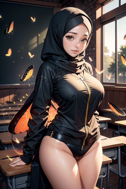 1girl, hijab, hijabergo, closeup,  in classroom, big ass, natural breast, beautiful face,hijabergo,hijab,SDXL,HIJAB GIRLS,3D MODEL,firefliesfireflies