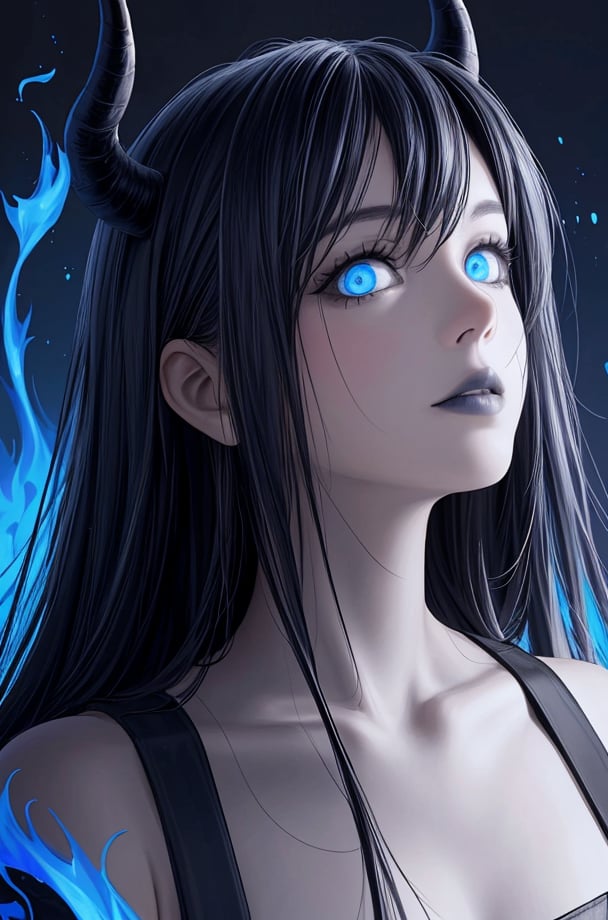 dark portrait of a face of a demon girl,(profile),flowing hair,black hair,demon horns,blue lips,looking at viewer,slit pupils,blue eyes,detailed iris,detailed eyes,((glowing eyes)),burn injury glowing blue on her face,flaming eye,made of ([blue and black]:1.3) colors,highly detailed,8k,sharp,professional,clear,high contrast,high saturated,vivid deep blacks,crystal clear,(focus eyes),masterpiece,best quality,(realistic art style:1.2),blue fire,demon hunter, blue theme, 