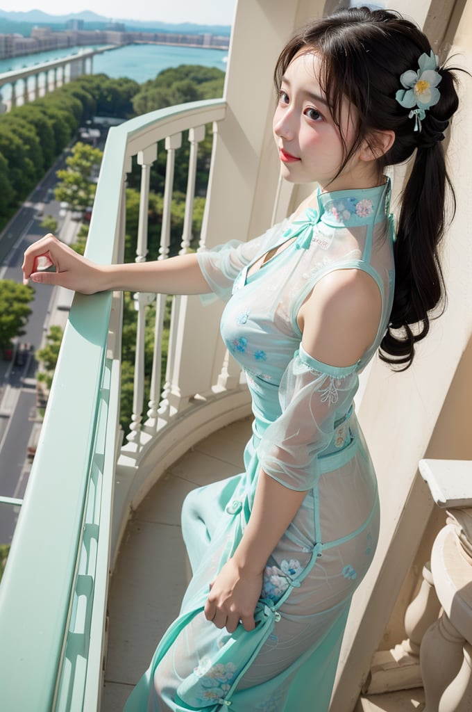 (((masterpiece))), (((best quality))), (((half body photo))), ((from side)), closeup, solo, 1girl, smile, twintails, ribbon, (((high neck))), ((light mint see through complex pattern chiffon floral qipao))), (((big tits))), (((petite figure proportion))), (((balcony))), ((night)),