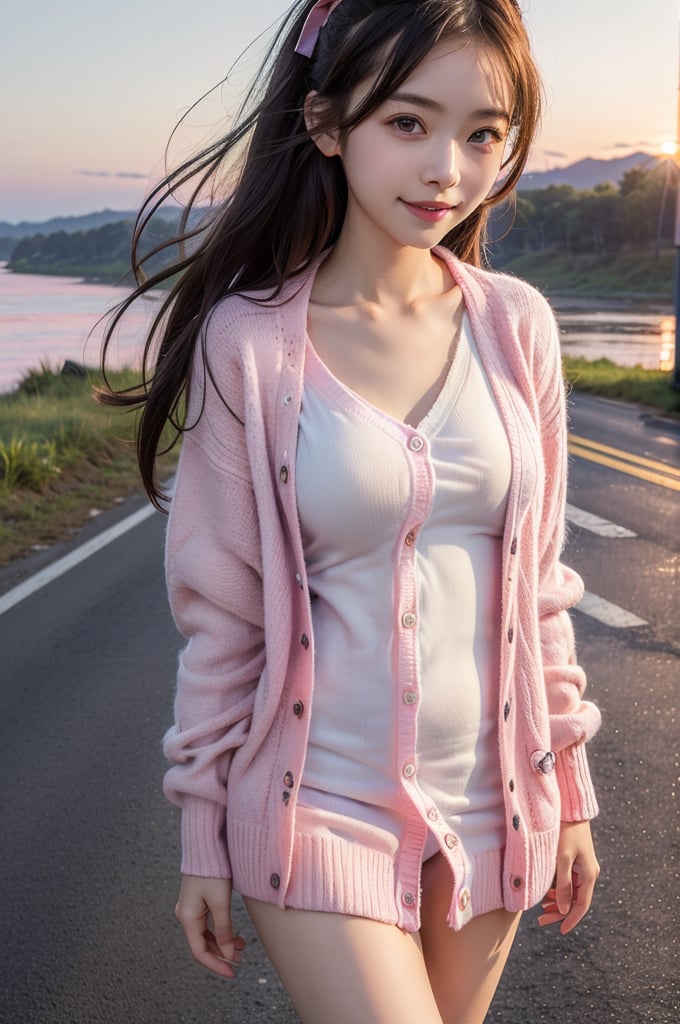 (((masterpiece))), (((best quality))), (((half body photo))), closeup, solo, 1girl, smile, longhair, ribbon, (((pink cardigan))), (((big tits))), (((petite figure proportion))), (((walking on roadside close to river))), ((sunset)),