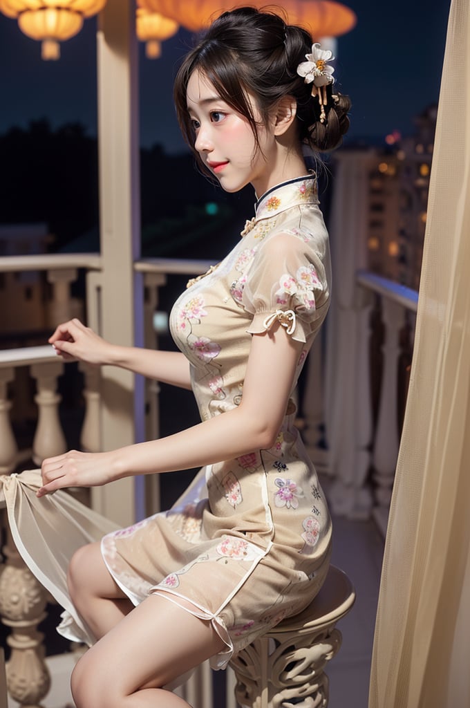 (((masterpiece))), (((best quality))), (((half body photo))), ((from side)), closeup, solo, 1girl, smile, twintails, ribbon, (((high neck))), (((beige see through complex pattern chiffon floral qipao))), (((big tits))), (((petite figure proportion))), (((balcony))), (((night lights))),