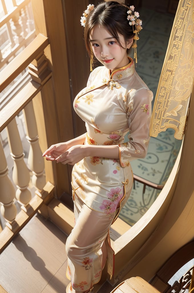 (((masterpiece))), (((best quality))), (((half body photo))), ((from above)), closeup, solo, 1girl, smile, twintails, ribbon, (((high neck))), (((golden see through complex pattern chiffon floral qipao))), (((big tits))), (((petite figure proportion))), (((perky hips))), (((balcony))), (((sunraise))),