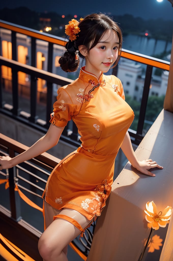 (((masterpiece))), (((best quality))), (((half body photo))), closeup, solo, 1girl, smile, twintails, ribbon, (((high neck))), (((orange see through complex pattern chiffon floral qipao))), (((big tits))), (((petite figure proportion))), (((perky hips))), (((balcony))), (((night lights))),