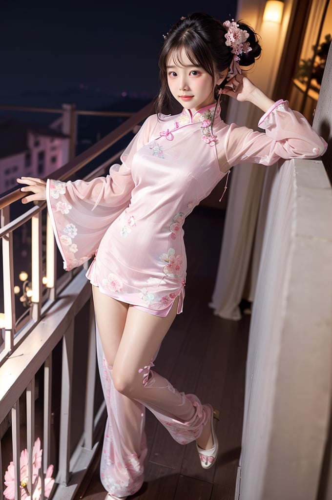 (((masterpiece))), (((best quality))), (((half body photo))), ((from below)), closeup, solo, 1girl, smile, twintails, ribbon, (((high neck))), (((pink see through complex pattern chiffon floral qipao))), (((big tits))), (((petite figure proportion))), (((balcony))), (((night lights))),