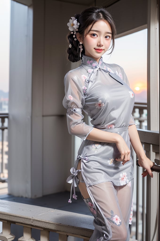 (((masterpiece))), (((best quality))), (((half body photo))), closeup, solo, 1girl, smile, twintails, ribbon, (((high neck))), (((gray see through complex pattern chiffon floral qipao))), (((big tits))), (((petite figure proportion))), (((perky hips))), (((balcony))), (((sunraise))),