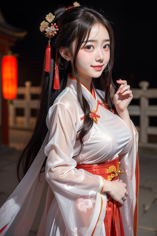 (((masterpiece))), (((best quality))), (((half body photo))), (((closeup))), solo, 1girl, smile, longhair, ribbon, ((light red see through complex pattern chiffon hanfu))), (((big tits))), (((petite figure))),  (((ancient china palace))), ((night lighting)),