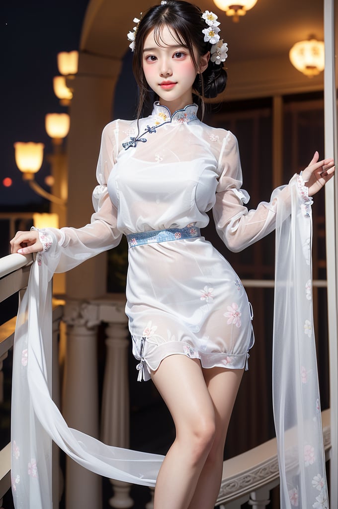 (((masterpiece))), (((best quality))), (((half body photo))), ((from below)), closeup, solo, 1girl, smile, twintails, ribbon, (((high neck))), (((white see through complex pattern chiffon floral qipao))), (((big tits))), (((petite figure proportion))), (((balcony))), (((night lights))),