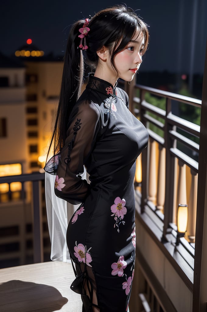 (((masterpiece))), (((best quality))), (((half body photo))), ((from side)), closeup, solo, 1girl, smile, twintails, ribbon, (((high neck))), ((light black see through complex pattern chiffon floral qipao))), (((big tits))), (((petite figure proportion))), (((balcony))), (((night lights))),