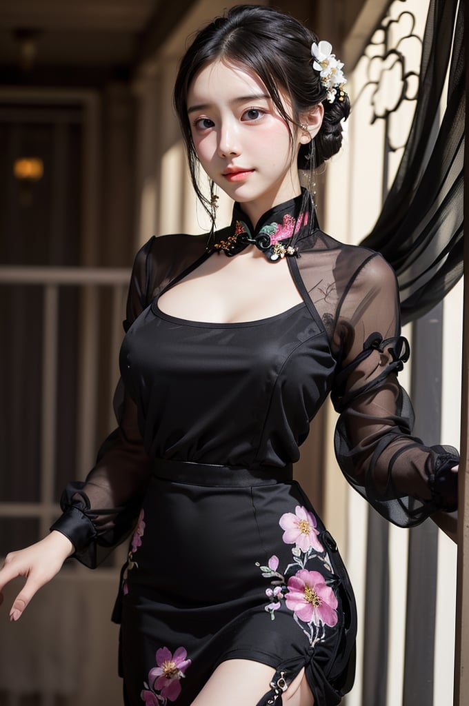 (((masterpiece))), (((best quality))), (((half body photo))), ((from below)), closeup, solo, 1girl, smile, updo, hairclip, ribbon, (((high neck))), (((black see through complex pattern chiffon floral qipao))), (((big tits))), (((petite figure proportion))), (((balcony))), (((night lights))),