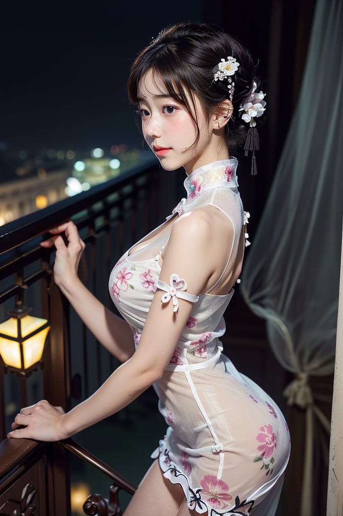 (((masterpiece))), (((best quality))), (((half body photo))), ((from side)), closeup, solo, 1girl, smile, updo, hairclip, ribbon, (((high neck))), (((tiffany see through complex pattern chiffon floral cut out qipao))), (((cleavage))), (((huge tits))), (((petite figure proportion))), (((balcony))), (((night lights))),