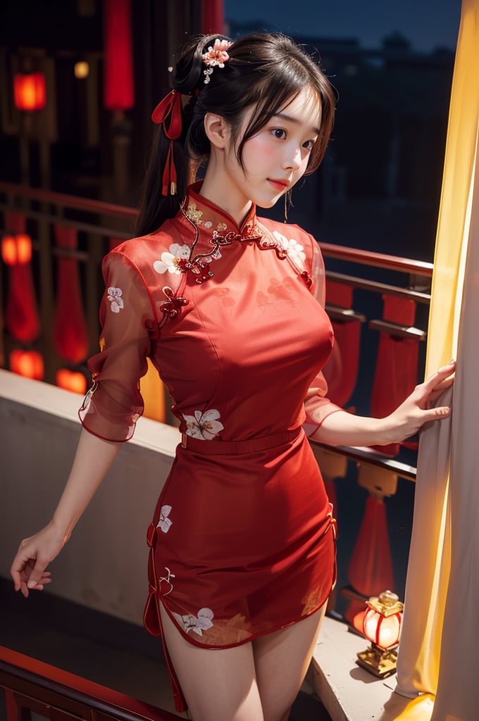 (((masterpiece))), (((best quality))), (((half body photo))), ((from below)), closeup, solo, 1girl, smile, twintails, ribbon, (((high neck))), (((red see through complex pattern chiffon floral qipao))), (((big tits))), (((petite figure proportion))), (((balcony))), (((night lights))),