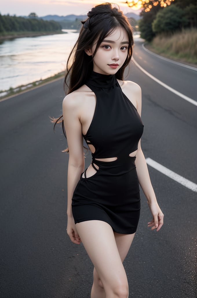 (((masterpiece))), (((best quality))), (((half body photo))), closeup, solo, 1girl, smile, longhair, ribbon, (((high neck))), (((black cut out dress))), (((big tits))), (((petite figure proportion))), (((walking on roadside close to river))), ((sunset)),