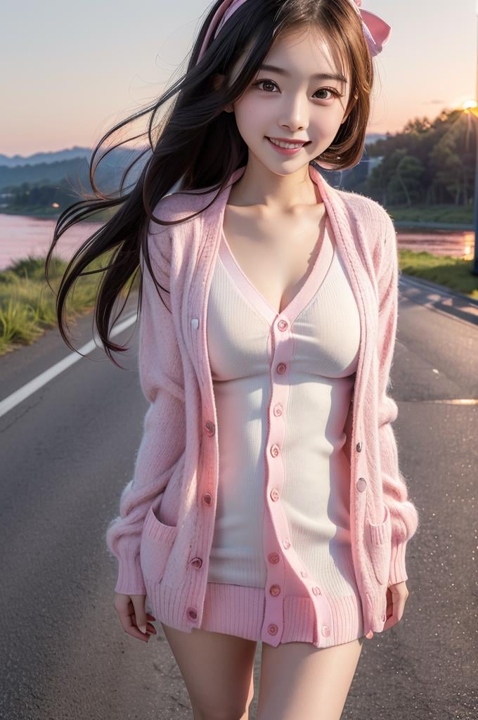 (((masterpiece))), (((best quality))), (((half body photo))), closeup, solo, 1girl, smile, longhair, ribbon, (((pink cardigan))), (((big tits))), (((petite figure proportion))), (((walking on roadside close to river))), ((sunset)),