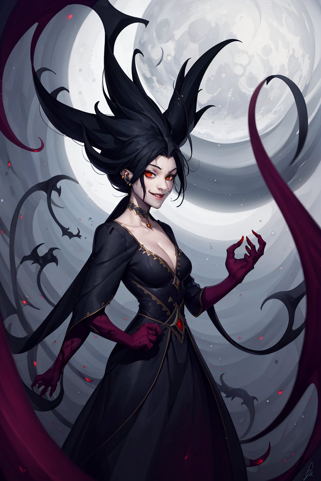 Labros_Panousis_style_lora_by_niolas, [(dark colors, gothic, eerie atmosphere:1.25) ::0.15], (masterpiece:1.30), (1girl, alluring vampiere, blood on lips), [long black hair: red streaks: 0.70], [pale skin: flawless complexion: 1.10], [red eyes: piercing gaze: 0.80], [black dress: lace details: 0.90], [choker: silver pendant: 0.60], [lace gloves: intricate design: 0.70], [bat wings: elegant silhouette: 0.90], (sinister smile:1.20), (sharp fangs:0.90) BREAK (full moon:1.40), foggy cemetery, (tombstones:0.90), (creeping vines:1.10), (haunting mist:1.20),<lora:EMS-302962-EMS:0.600000>