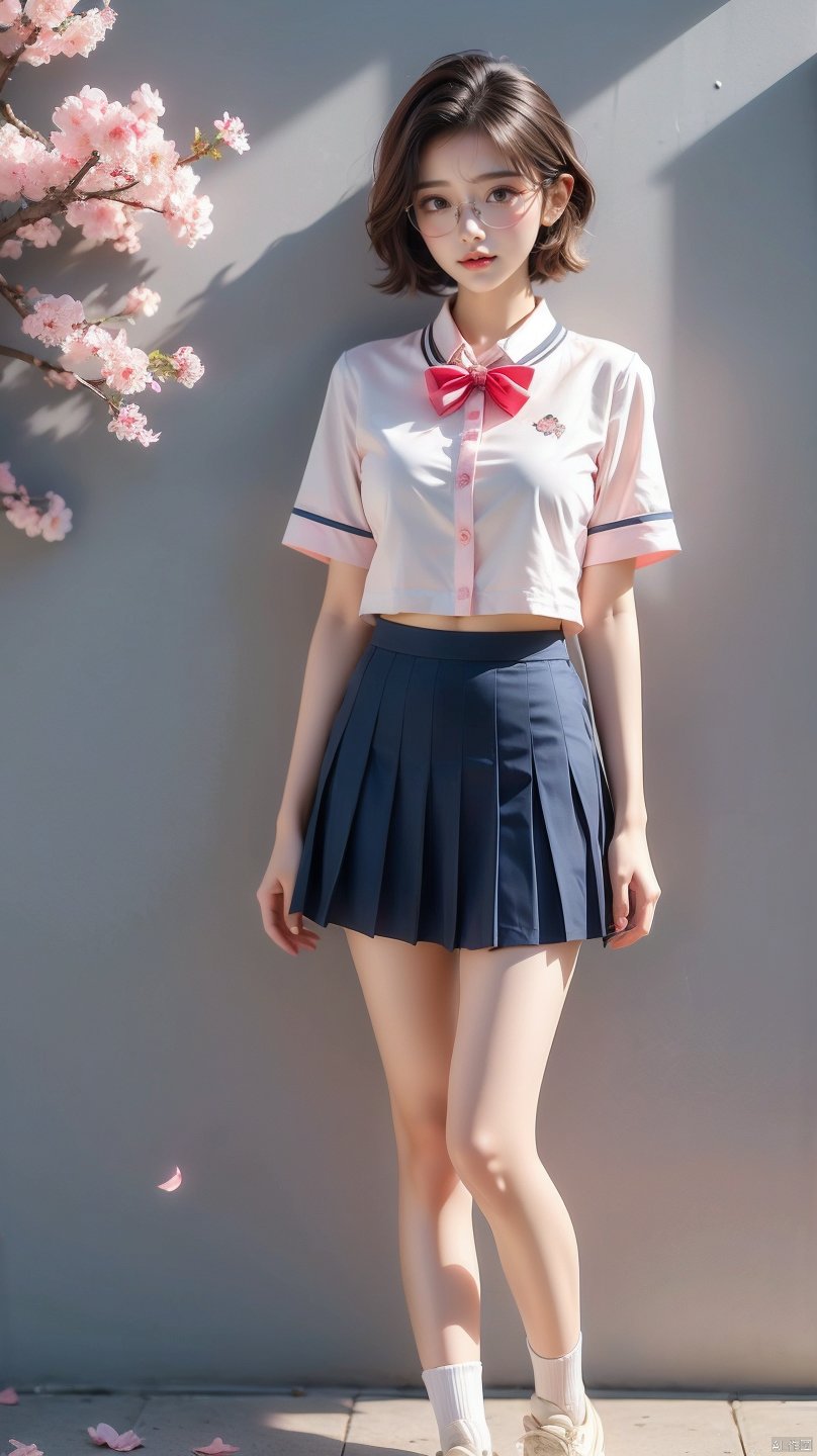 Best Quality, masterpiece, navy blue background, (Pure Blue-16K-1JK, JK, uniform, 1 girl, glasses, blonde short hair, school uniform, pink skirt, sneakers, body, petals falling, cherry blossom background, big breasts