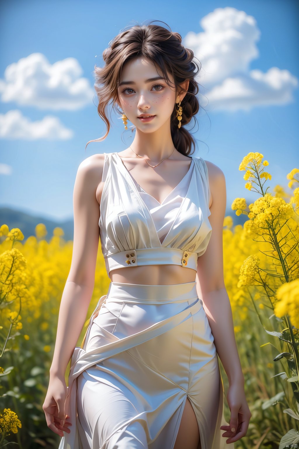 A beautiful woman standing in a blooming rapeseed field, wearing a white top and a red skirt, the skirt fluttering gently. Surrounded by golden rapeseed flowers, with gently rolling hills in the distance, the sky is a deep blue with a few white clouds leisurely drifting by. High-definition photo of the most beautiful artwork in the world featuring a lady in white and red dress standing in a sea of golden rapeseed flowers, smiling, freckles, white outfit, red skirt, nostalgia, sexy, dramatic oil painting by Ed Blinkey, Atey Ghailan, Studio Ghibli, by Jeremy Mann, Greg Manchess, Antonio Moro, trending on ArtStation, trending on CGSociety, Intricate, High Detail, Sharp focus, photorealistic painting art by midjourney and greg rutkowski., Light master,<lora:EMS-276654-EMS:0.200000>,<lora:EMS-93-EMS:0.500000>,<lora:EMS-302987-EMS:0.600000>,<lora:EMS-260325-EMS:0.200000>,<lora:EMS-57039-EMS:0.200000>