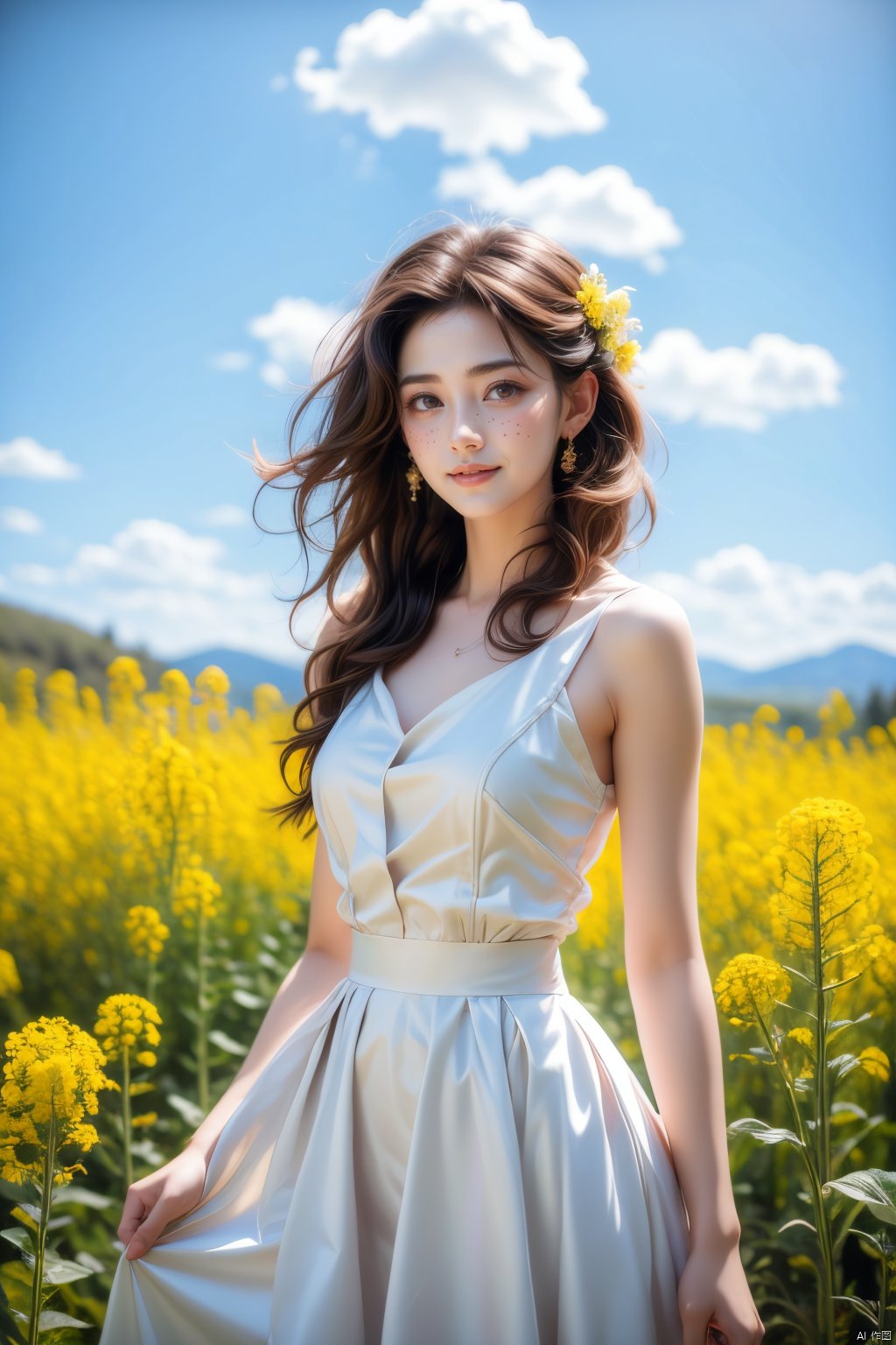 A beautiful woman standing in a blooming rapeseed field, wearing a white top and a red skirt, the skirt fluttering gently. Surrounded by golden rapeseed flowers, with gently rolling hills in the distance, the sky is a deep blue with a few white clouds leisurely drifting by. High-definition photo of the most beautiful artwork in the world featuring a lady in white and red dress standing in a sea of golden rapeseed flowers, smiling, freckles, white outfit, red skirt, nostalgia, sexy, dramatic oil painting by Ed Blinkey, Atey Ghailan, Studio Ghibli, by Jeremy Mann, Greg Manchess, Antonio Moro, trending on ArtStation, trending on CGSociety, Intricate, High Detail, Sharp focus, photorealistic painting art by midjourney and greg rutkowski., Light master,<lora:EMS-276654-EMS:0.200000>,<lora:EMS-93-EMS:0.500000>,<lora:EMS-302987-EMS:0.600000>,<lora:EMS-260325-EMS:0.200000>,<lora:EMS-57039-EMS:0.200000>