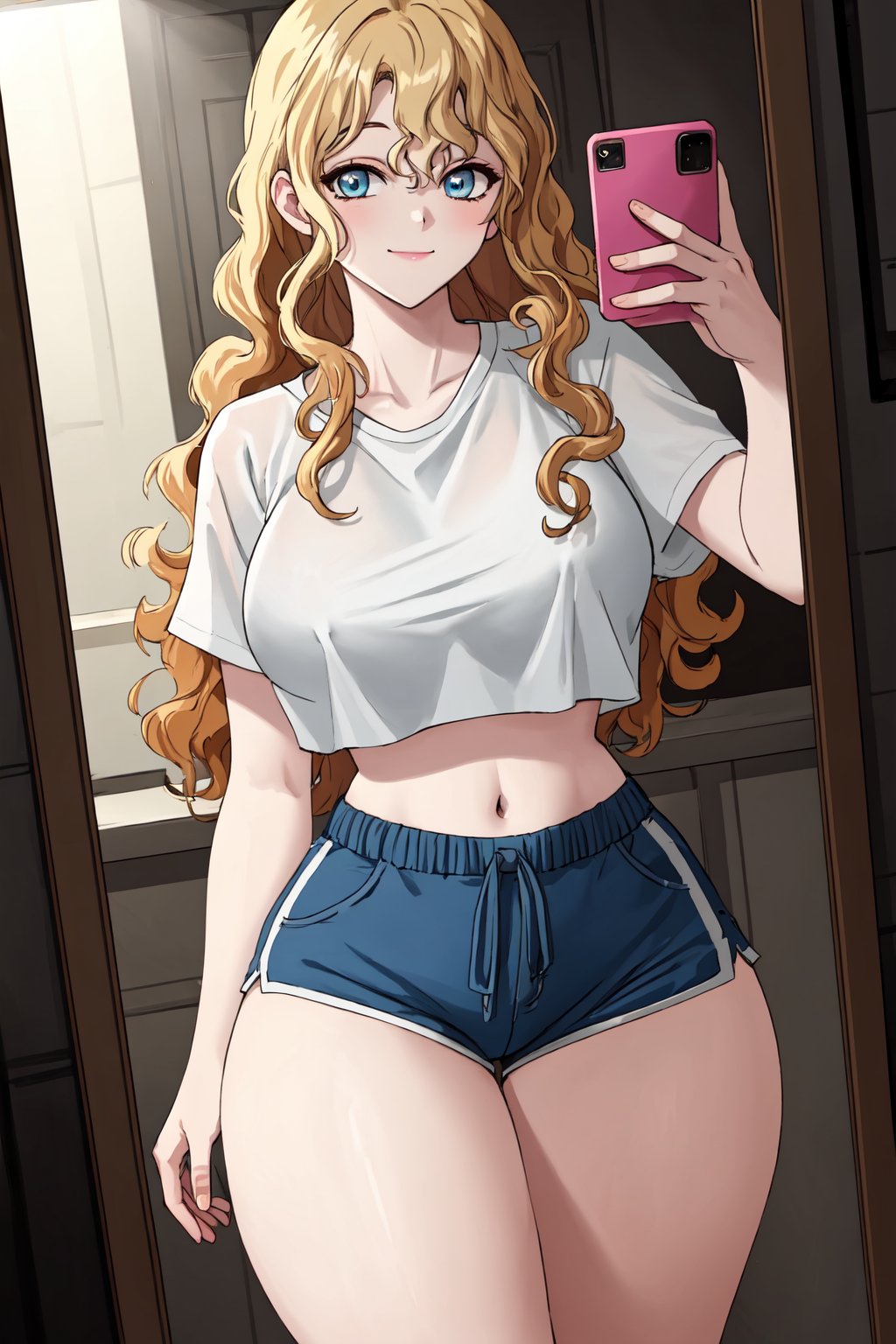 masterpiece, best quality, highly detailed background, perfect lighting, best quality, (extremely detailed face), volumetric lighting, intricate details, shadow, tonemapping, sharp focus, hyper detailed, trending on Artstation, (solo)
BREAK
(pale skin, blonde hair, curly hair, big hair, blue eyes, long hair, hair down, wide hips, curvy_figure, thick-thighs, curvy, curvy_hips, slender_waist, big breasts), (hands)
BREAK
(Dolphin shorts, crop top)
BREAK
(Indors, fittingroom, selfie in front of mirror)
BREAK
(Looking at viewer, standing, front-view, closed mouth, light smile)