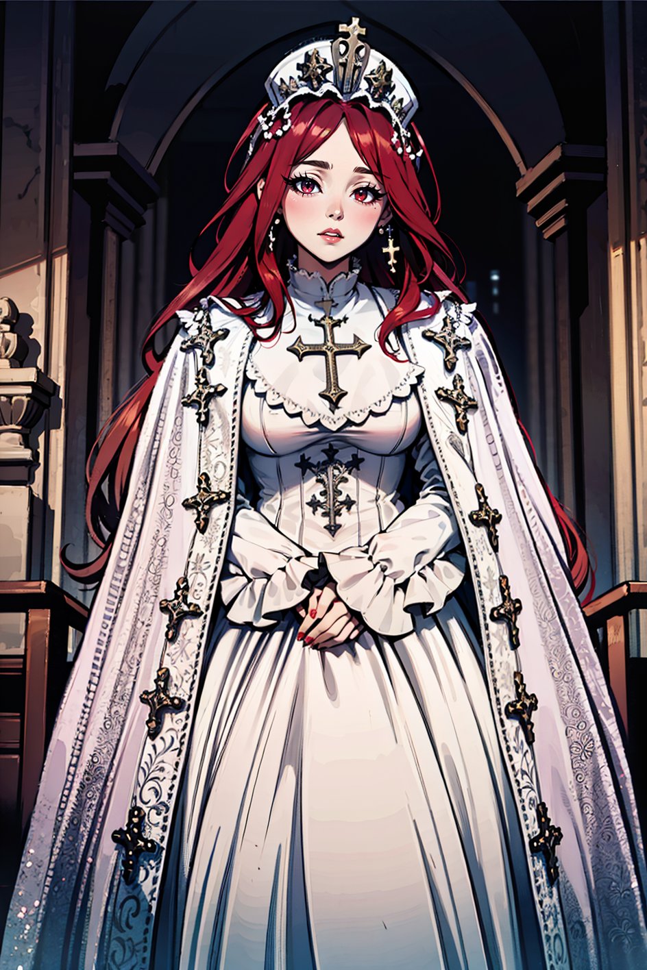 eyeliner, (long red hair), garb_g1, elaborate brocade A Line gown and robe, crystals, charms, rhinestone crosses, embroidery, bib, full neckline, full length skirt, frills, headdress with dangling beads, <lora:garb_g1-06a:0.75>, church, praying,