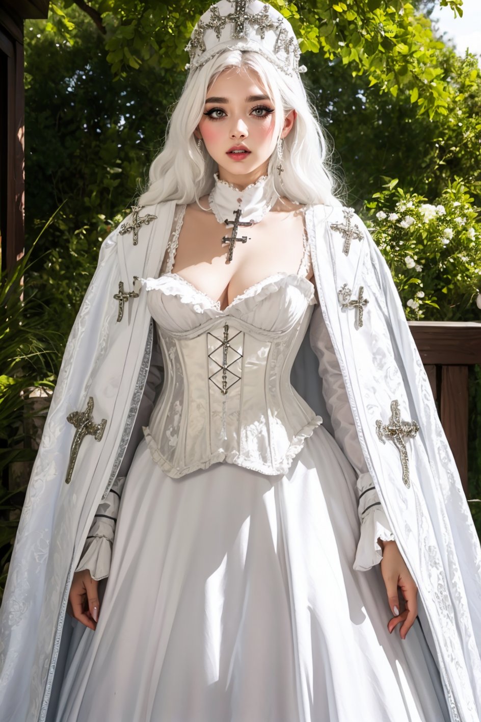 curvy, pouty lips, eyeliner, (long white hair), garb_g1, elaborate fully lined white boned corset, brocade A Line gown and robe, crystals, charms, rhinestone crosses, embroidery, bib, full neckline, full length skirt, frills, headdress with dangling beads, <lora:garb_g1-06a:0.7>, outdoors