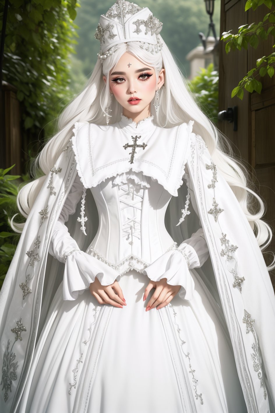 curvy, pouty lips, eyeliner, (long white hair), garb_g1, elaborate fully lined white boned corset, brocade A Line gown and robe, crystals, charms, rhinestone crosses, embroidery, bib, full neckline, full length skirt, frills, headdress with dangling beads, <lora:garb_g1-06a:0.7>, outdoors