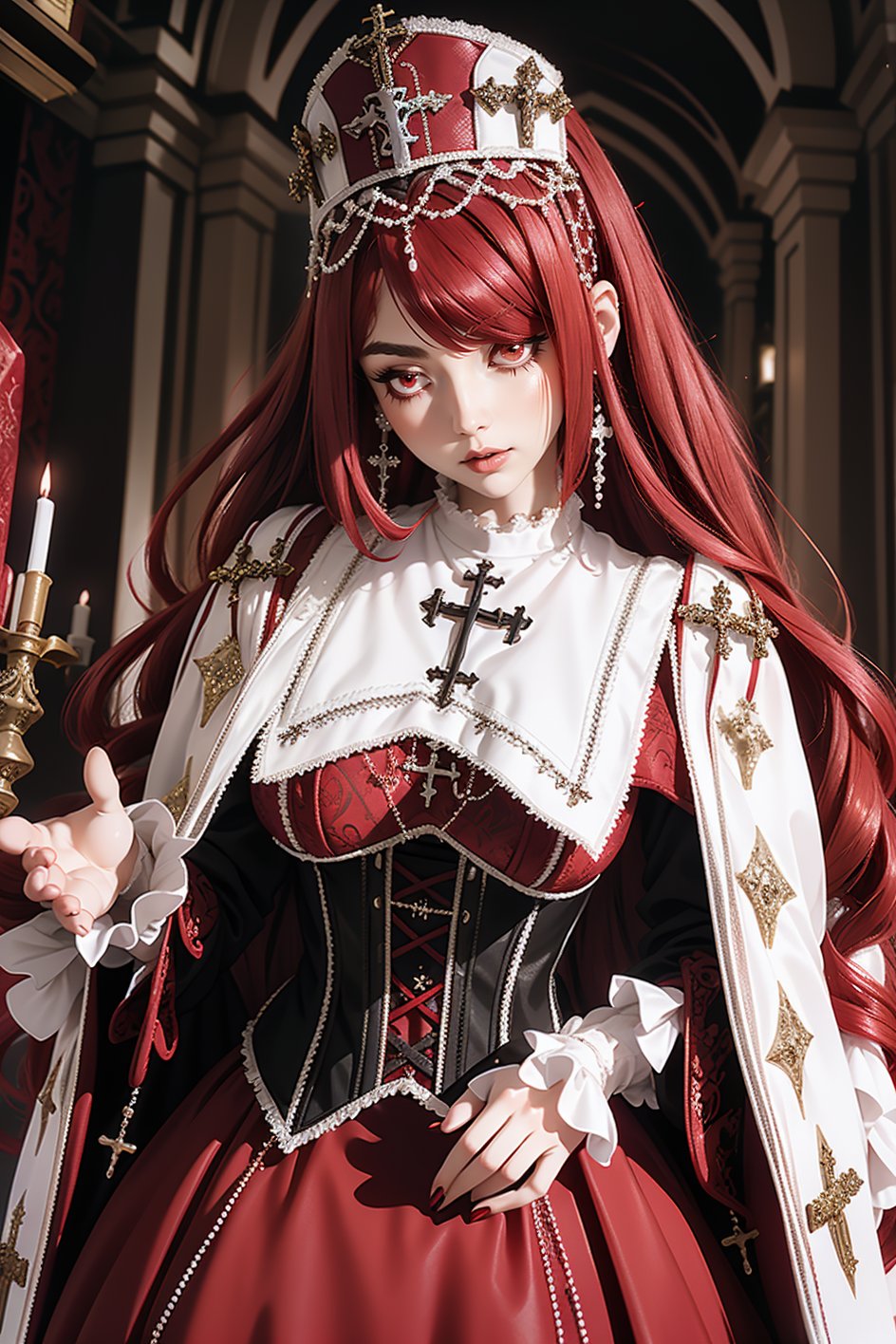 eyeliner, (long red hair), curvy, wearing garb_g1, elaborate brocade A Line corset gown and robe, crystals, charms, rhinestone crosses, embroidery, bib, full neckline, full length skirt, frills, headdress with dangling beads, <lora:garb_g1-06a:0.85>, church, praying,