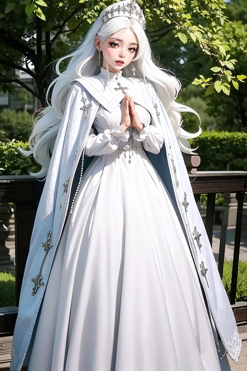 eyeliner, (long white hair), garb_g1, elaborate brocade A Line gown and robe, crystals, charms, rhinestone crosses, embroidery, bib, full neckline, full length skirt, frills, headdress with dangling beads, <lora:garb_g1-06a:0.65>, outdoors, praying,