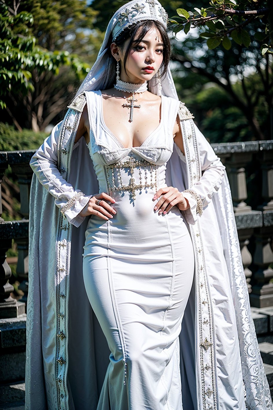 curvy, pouty lips, eyeliner, (long white hair), garb_g1, elaborate brocade A Line gown and robe, crystals, charms, rhinestone crosses, embroidery, bib, full neckline, full length skirt, frills, headdress with dangling beads, <lora:garb_g1-06a:0.65>, outdoors