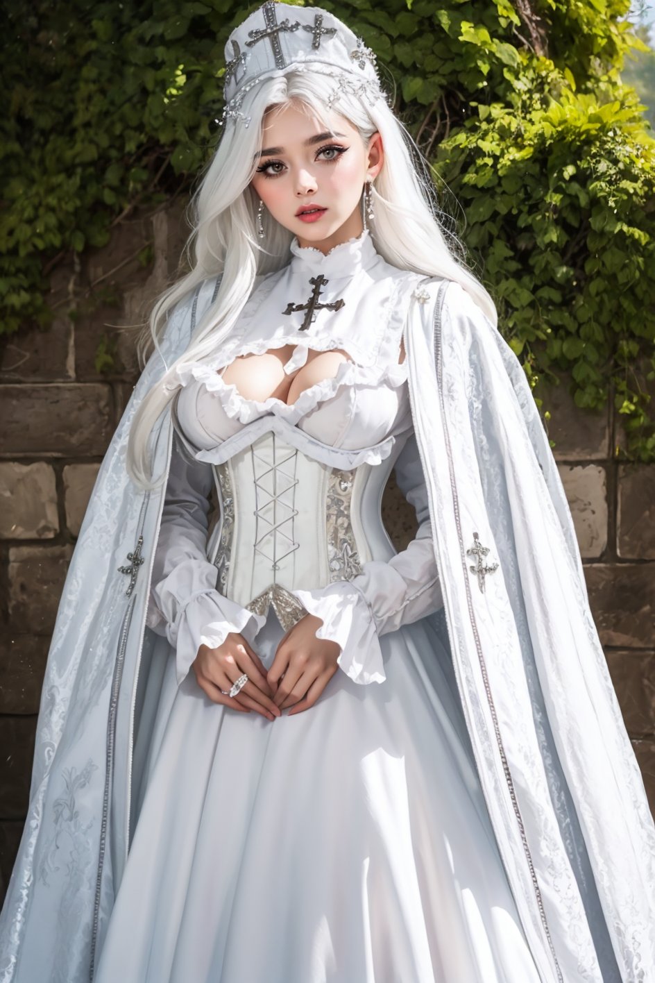 curvy, pouty lips, eyeliner, (long white hair), garb_g1, elaborate fully lined white boned corset, brocade A Line gown and robe, crystals, charms, rhinestone crosses, embroidery, bib, full neckline, full length skirt, frills, headdress with dangling beads, <lora:garb_g1-06a:0.7>, outdoors