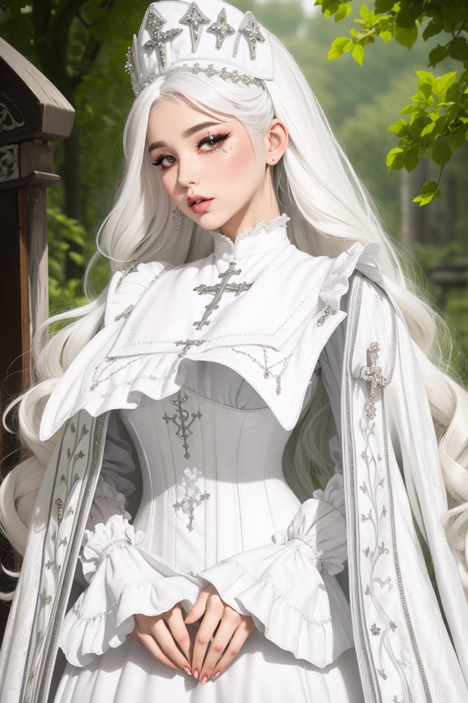 curvy, pouty lips, eyeliner, (long white hair), garb_g1, elaborate fully lined white boned corset, brocade A Line gown and robe, crystals, charms, rhinestone crosses, embroidery, bib, full neckline, full length skirt, frills, headdress with dangling beads, <lora:garb_g1-06a:0.7>, outdoors