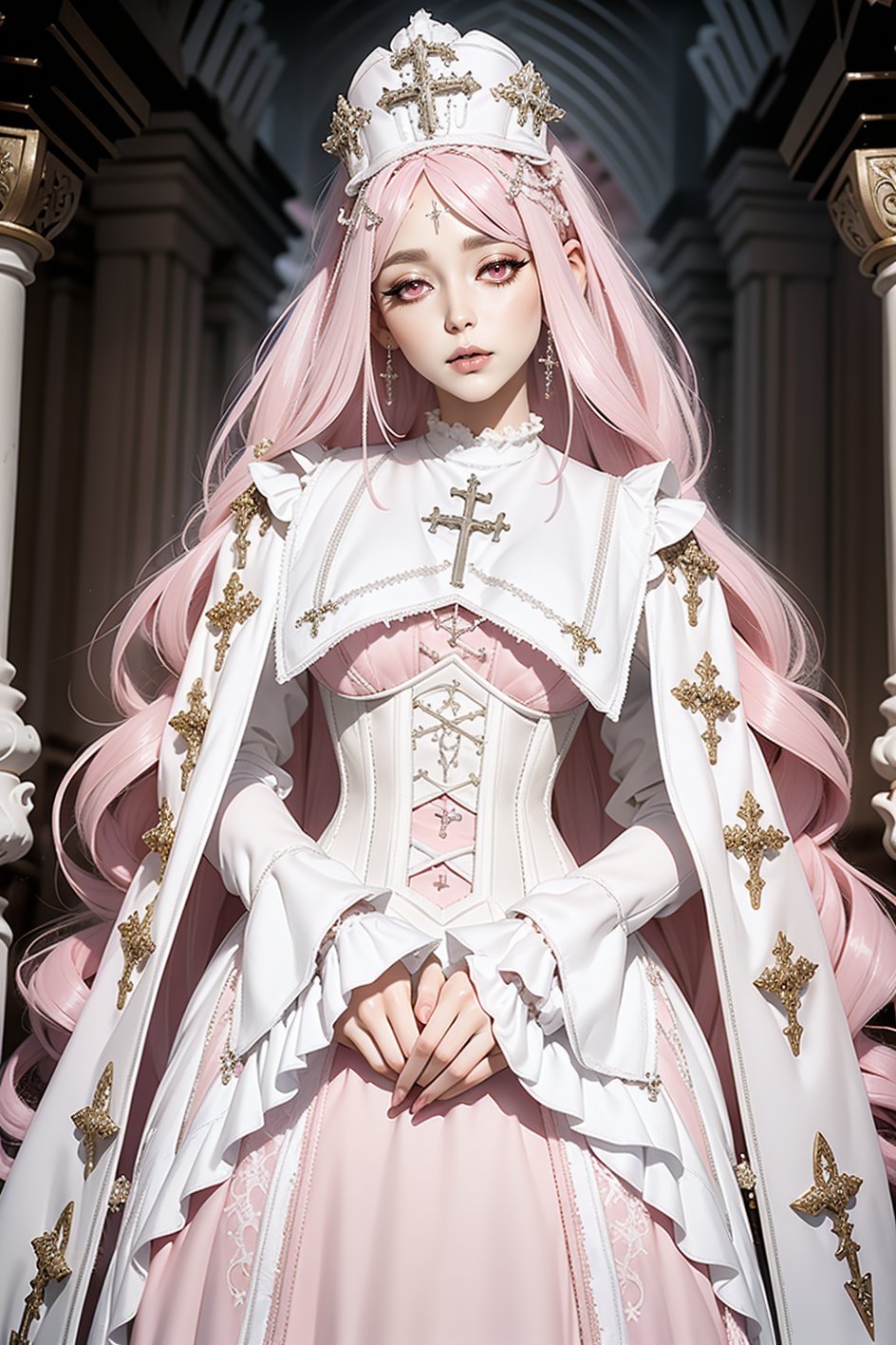 eyeliner, (long pale pink hair), curvy, wearing garb_g1, elaborate (white brocade A Line corset gown and robe), crystals, charms, rhinestone crosses, embroidery, white bib, full neckline, white full length skirt, frills, headdress, <lora:garb_g1-06a:0.85>, church, praying,