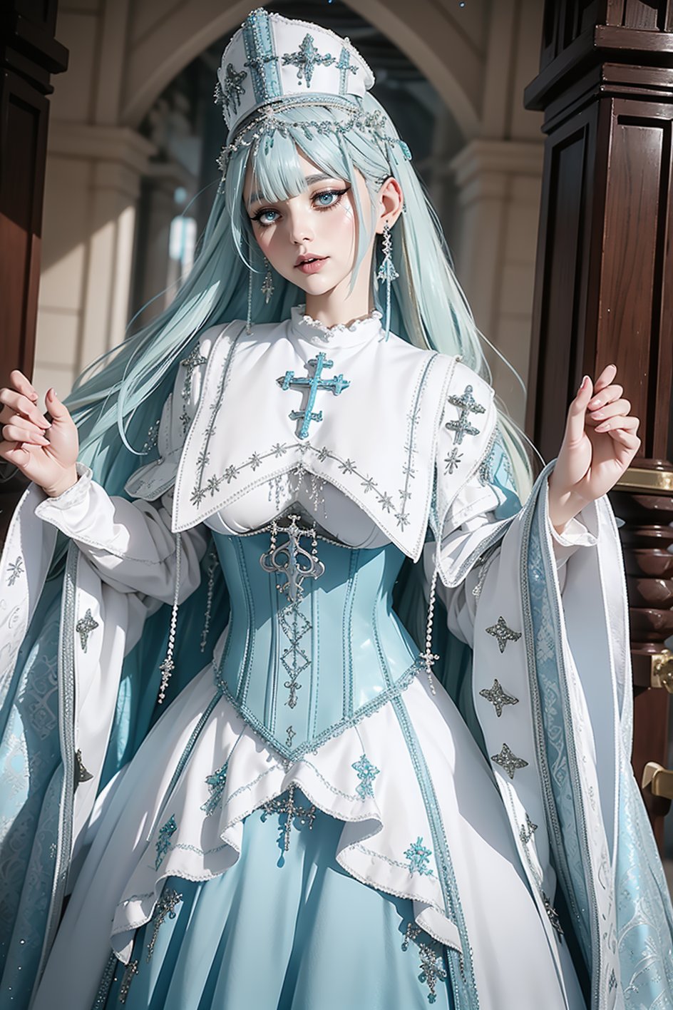 eyeliner, (long icy blue hair), curvy, wearing garb_g1, elaborate brocade A Line corset gown and robe, crystals, charms, rhinestone crosses, embroidery, bib, full neckline, full length skirt, frills, headdress with dangling beads, <lora:garb_g1-06a:0.85>, church, praying,