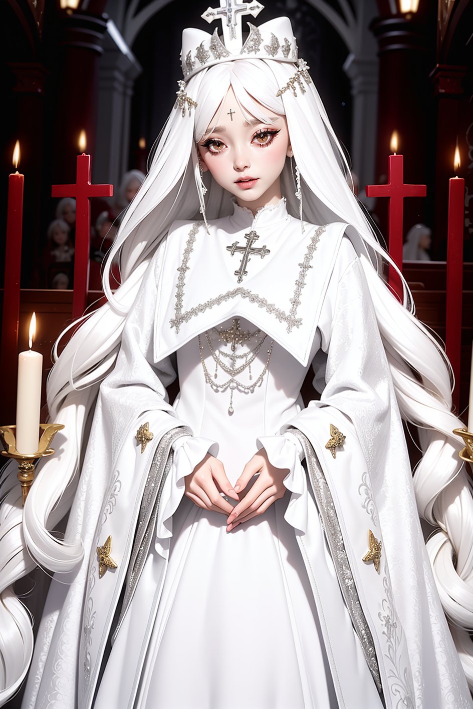 eyeliner, (long white hair), garb_g1, elaborate brocade A Line gown and robe, crystals, charms, rhinestone crosses, embroidery, bib, full neckline, full length skirt, frills, headdress with dangling beads, <lora:garb_g1-06a:0.65>, church, praying,