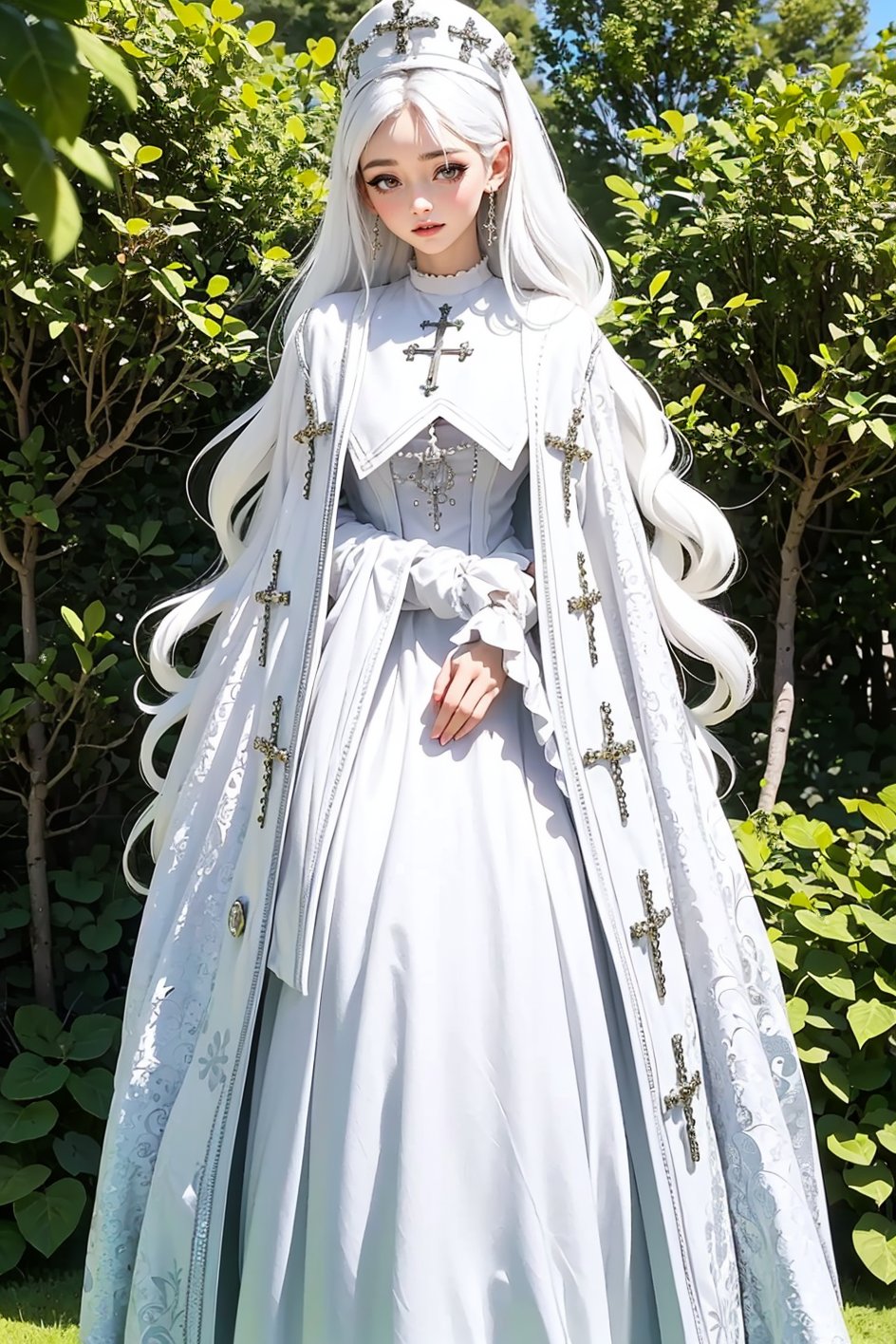 eyeliner, (long white hair), garb_g1, elaborate brocade A Line gown and robe, crystals, charms, rhinestone crosses, embroidery, bib, full neckline, full length skirt, frills, headdress with dangling beads, <lora:garb_g1-06a:0.65>, outdoors, praying,