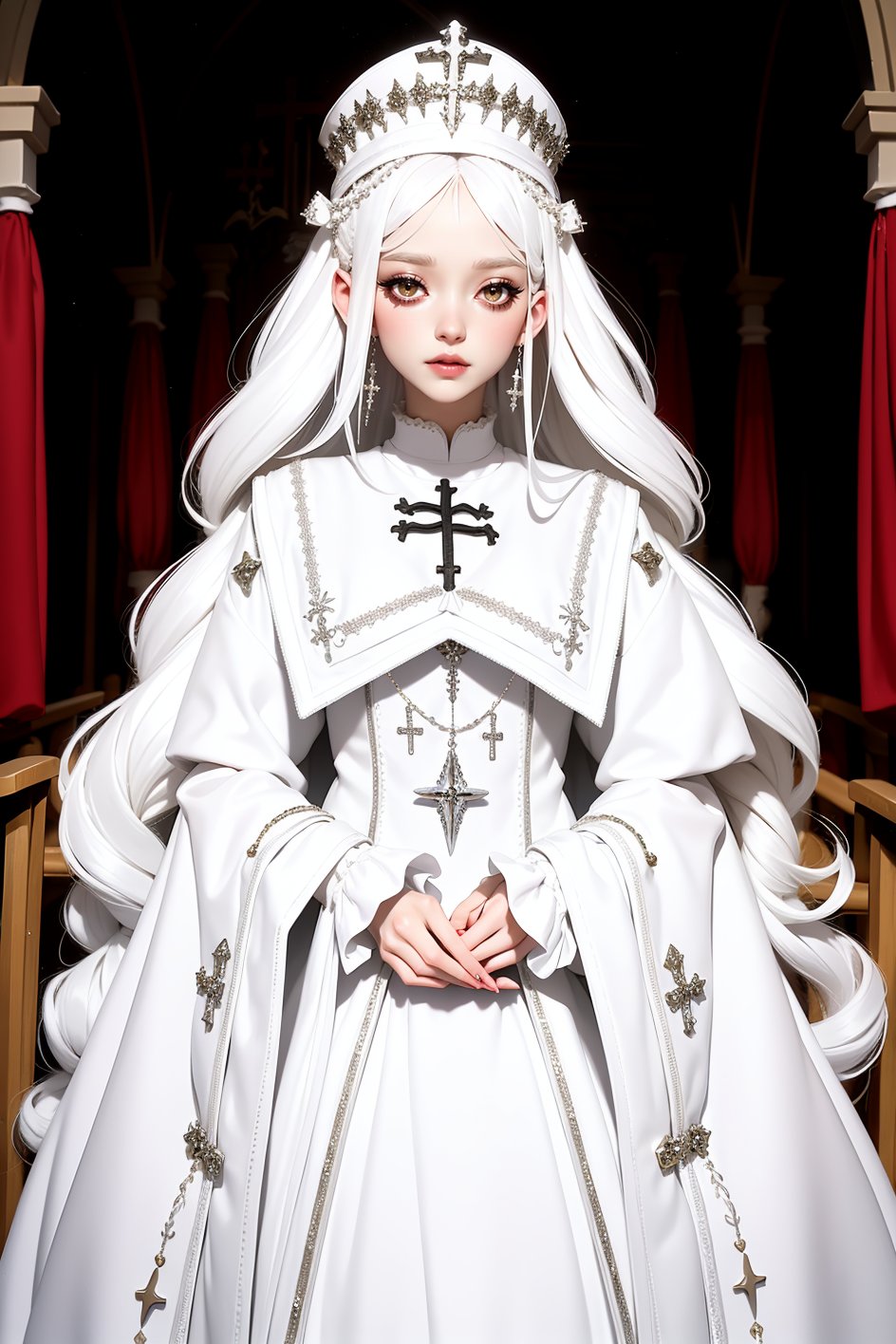 eyeliner, (long white hair), garb_g1, elaborate brocade A Line gown and robe, crystals, charms, rhinestone crosses, embroidery, bib, full neckline, full length skirt, frills, headdress with dangling beads, <lora:garb_g1-06a:0.65>, church, praying,