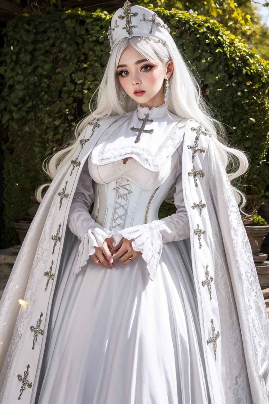 curvy, pouty lips, eyeliner, (long white hair), garb_g1, elaborate fully lined white boned corset, brocade A Line gown and robe, crystals, charms, rhinestone crosses, embroidery, bib, full neckline, full length skirt, frills, headdress with dangling beads, <lora:garb_g1-06a:0.7>, outdoors