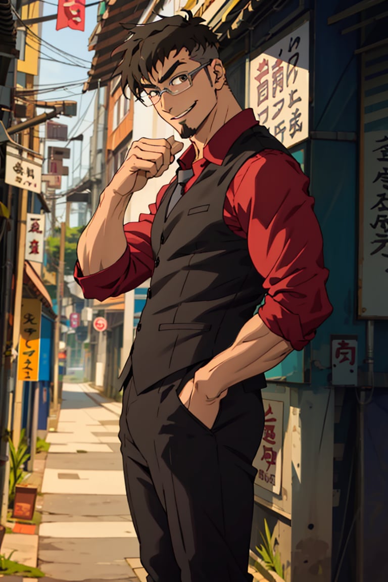 (1 image only), solo male, Jay Chiang, Great Pretender Razbliuto, Asian, Taiwanese, Taipei city, 2d, anime, flat, black hair, short hair, high fade, goatee, thick eyebrows, brown eyes, silver glasses, (pure red collared shirt, red sleeves rolled up), necktie, black vest,pants, socks, leather shoes, smile, mature, handsome, charming, alluring, standing, upper body, perfect anatomy, perfect proportions, (best quality, masterpiece), (perfect eyes:1.2), perfect hands, high_resolution, dutch angle, cowboy shot,<lora:EMS-303013-EMS:0.900000>