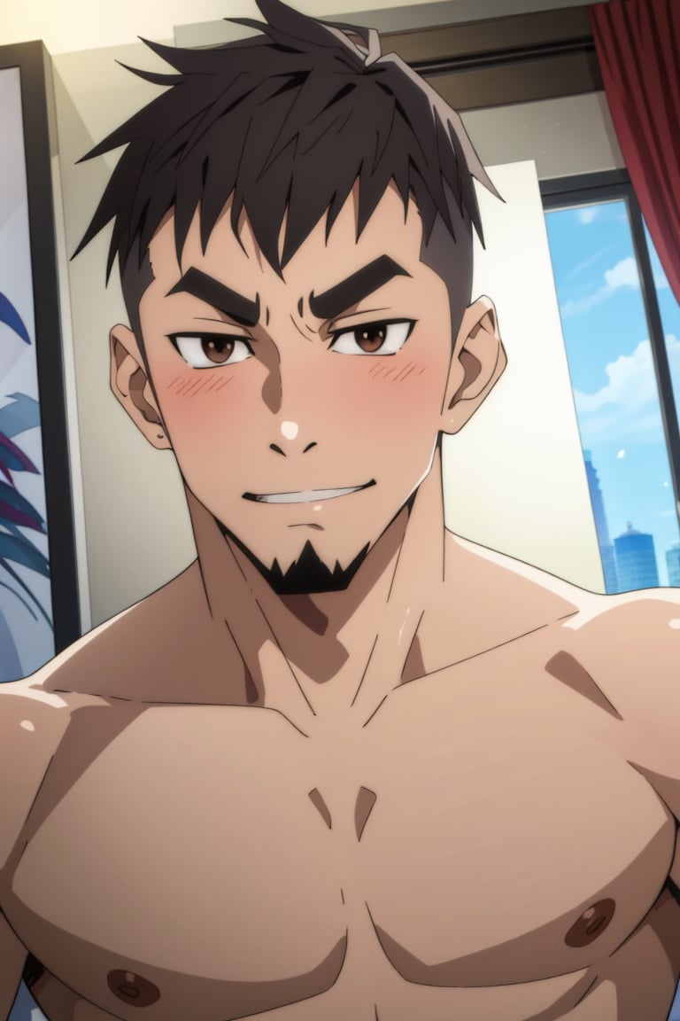 (1 image only), solo male, Jay Chiang, Asian, Taiwanese, hotel room, taipei 101, 2d, anime, flat, black hair, short hair, high fade, goatee, thick eyebrows, (brown eyes), (topless, shirtless), upperbody, smirk, blush, mature, handsome, charming, alluring, portrait, perfect anatomy, perfect proportions, (best quality, masterpiece), (perfect eyes:1.2), high_resolution, dutch angle,<lora:EMS-303013-EMS:0.600000>