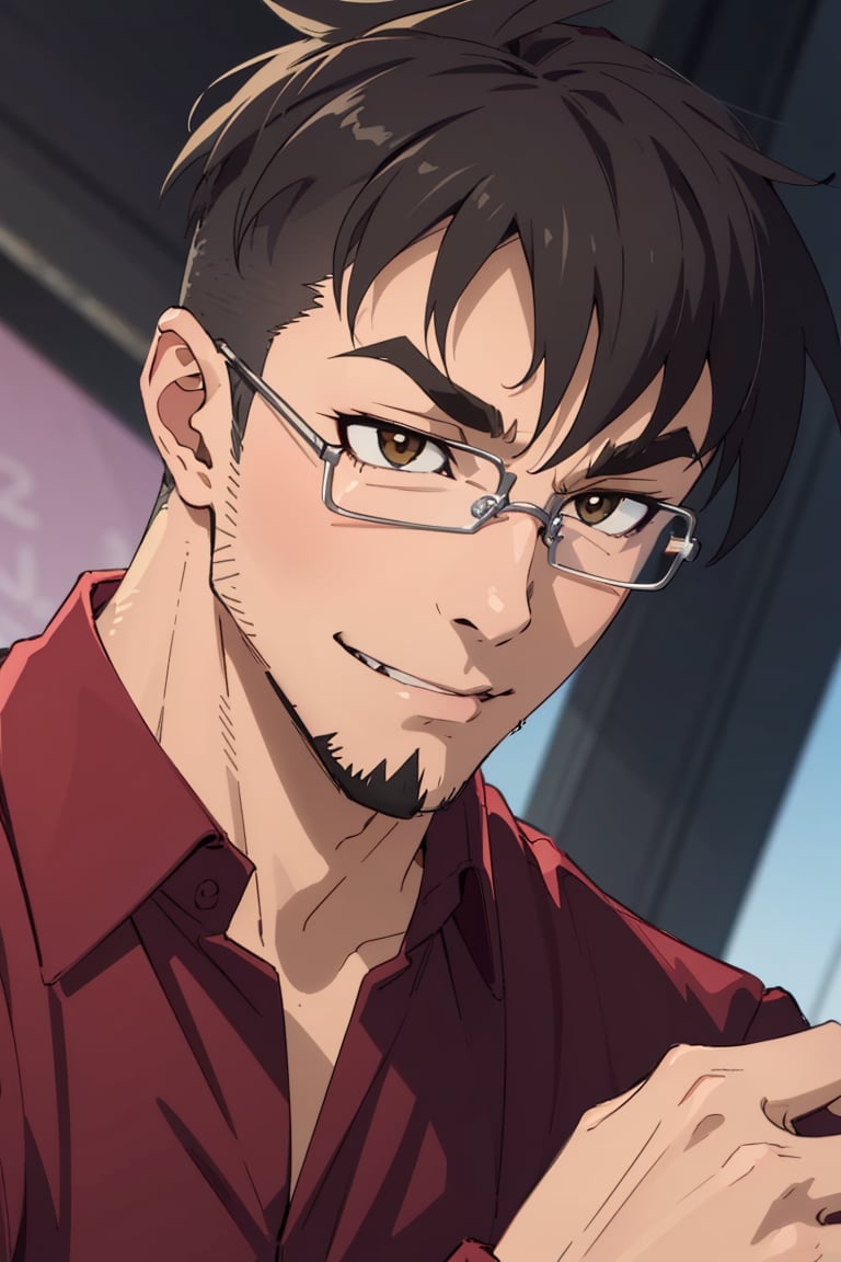 (1 image only), solo male, Jay Chiang, Asian, Taiwanese, modern Taipei city, 2d, anime, flat, black hair, short hair, high fade, goatee, thick eyebrows, brown eyes, silver glasses, (pure red collared shirt, red sleeves rolled up:1.2), (portrait, close-up), smile, mature, handsome, charming, alluring, portrait, perfect anatomy, perfect proportions, (best quality, masterpiece), (perfect eyes:1.2),, high_resolution, dutch angle,<lora:EMS-303013-EMS:0.700000>