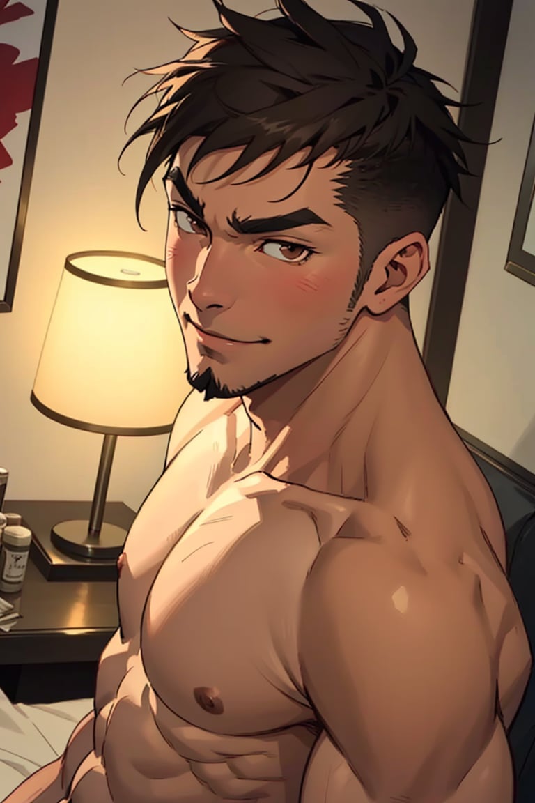 (1 image only), solo male, Jay Chiang, Asian, Taiwanese, hotel room, 2d, anime, flat, black hair, short hair, high fade, goatee, thick eyebrows, (brown eyes), (topless, shirtless), (portrait, close-up), smirk, blush, mature, handsome, charming, alluring, portrait, perfect anatomy, perfect proportions, (best quality, masterpiece), (perfect eyes:1.2), high_resolution, dutch angle,<lora:EMS-303013-EMS:0.600000>