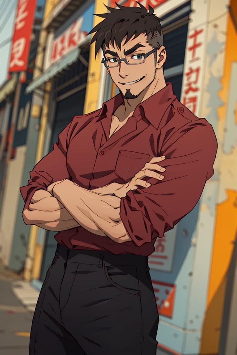 (1 image only), solo male, Jay Chiang, Great Pretender Razbliuto, Asian, Taiwanese, modern Taipei city, 2d, anime, flat, black hair, short hair, high fade, goatee, thick eyebrows, brown eyes, silver glasses, (pure red collared shirt, red sleeves rolled up:1.2) black pants, socks, leather shoes, smile, crossed arms, mature, handsome, charming, alluring, standing, upper body, perfect anatomy, perfect proportions, (best quality, masterpiece), (perfect eyes:1.2), perfect hands, high_resolution, dutch angle, cowboy shot,<lora:EMS-303013-EMS:0.900000>