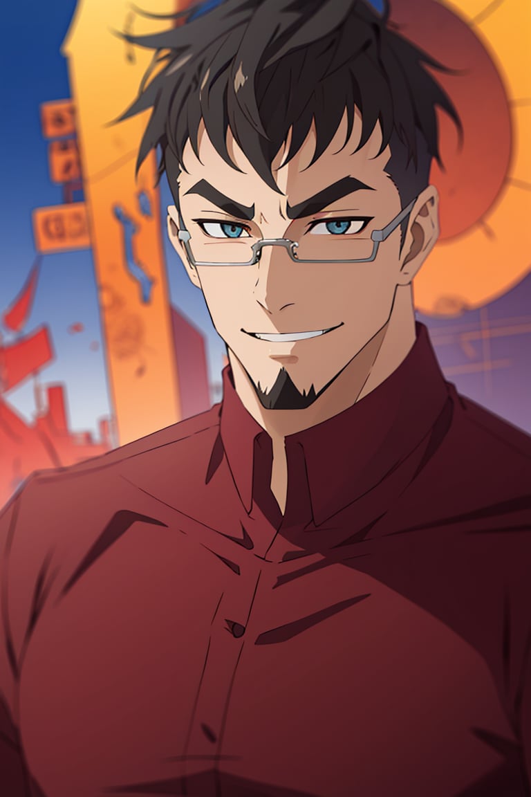 (1 image only), solo male, Jay Chiang, Asian, Taiwanese, modern Taipei city, 2d, anime, flat, black hair, short hair, high fade, goatee, thick eyebrows, brown eyes, silver glasses, (pure red collared shirt, red sleeves rolled up:1.2), (portrait, close-up), smile, mature, handsome, charming, alluring, portrait, perfect anatomy, perfect proportions, (best quality, masterpiece), (perfect eyes:1.2),, high_resolution, dutch angle,<lora:EMS-303013-EMS:0.700000>