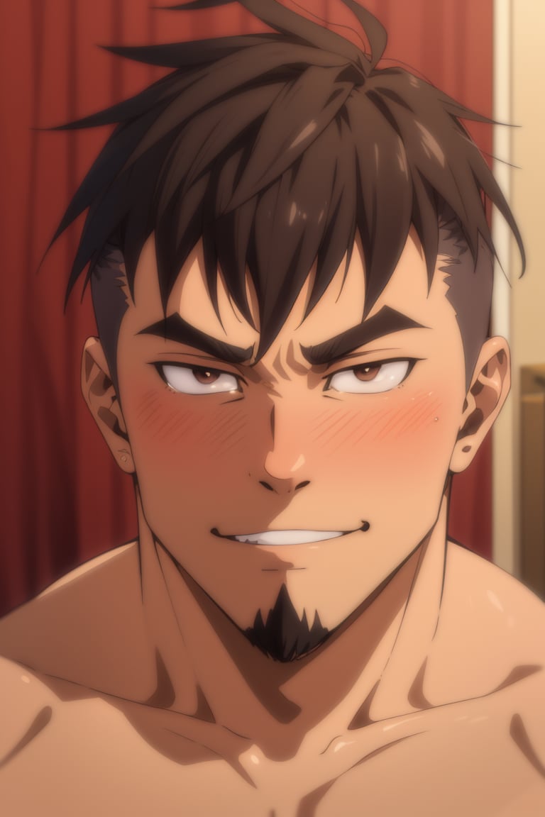 (1 image only), solo male, Jay Chiang, Asian, Taiwanese, hotel room, 2d, anime, flat, black hair, short hair, high fade, goatee, thick eyebrows, (brown eyes), (topless, shirtless), (portrait, close-up), smirk, blush, mature, handsome, charming, alluring, portrait, perfect anatomy, perfect proportions, (best quality, masterpiece), (perfect eyes:1.2), high_resolution, dutch angle,<lora:EMS-303013-EMS:0.600000>