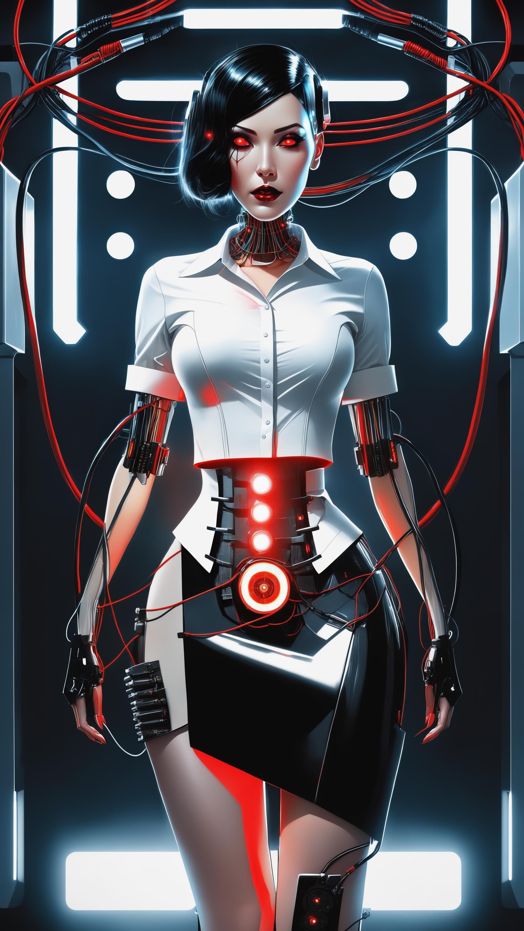 full body of cyborg lady, cybernetic jaw, mechanical parts, white shirt, unbottoned, black latex skirt, metal skin, glowing red eyes, cables, wires, black hair, simple background, (surrealism:1.1), (disturbing:1.1), (cottagecore), (geometric:1.2), (futurism:1.2)