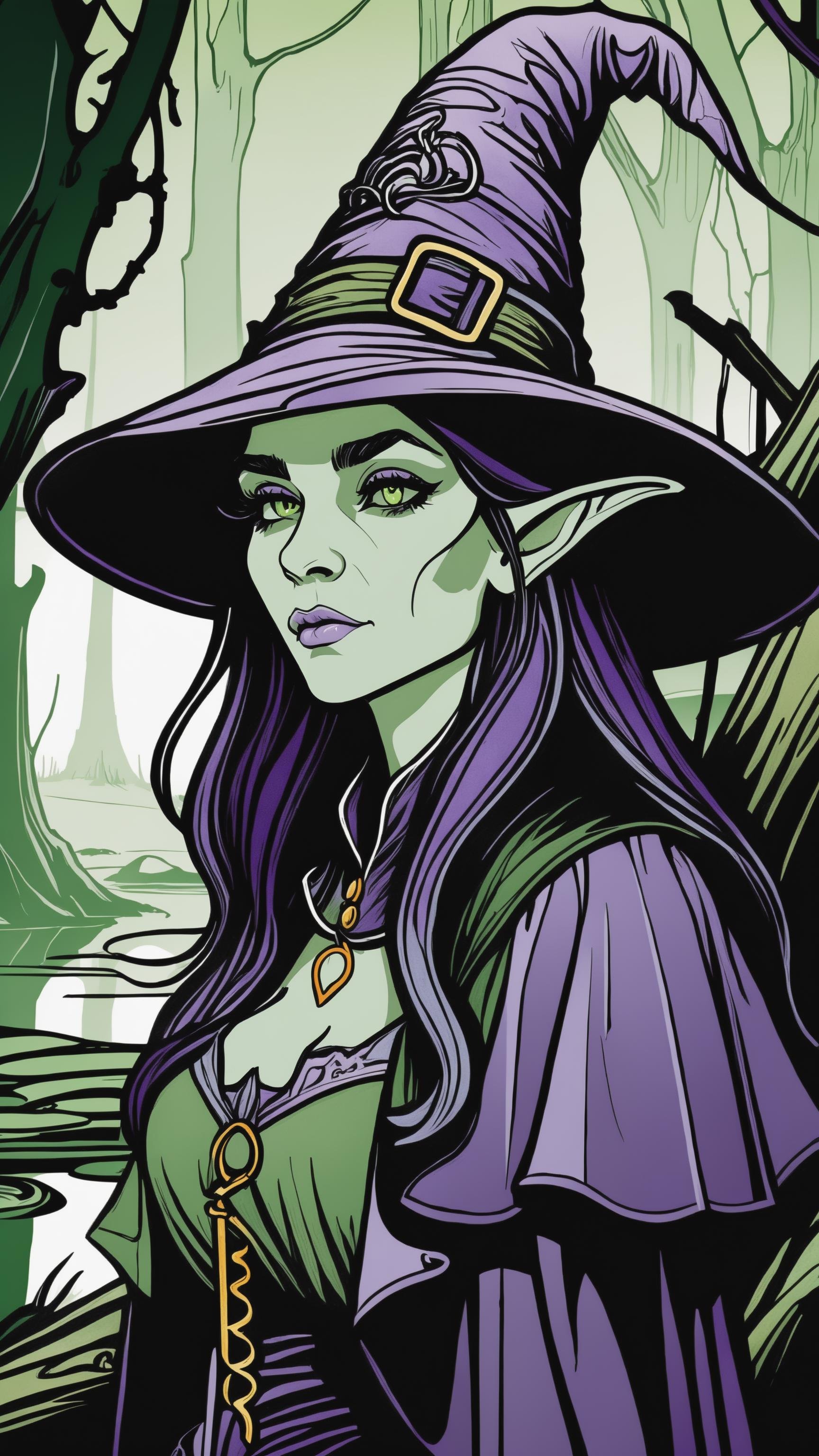 (artwork:1.2), (lineart:1.3), young, 1girl, portrait female elf witch in a decaying swamp,close-up,disappointed look, heavy-hat, long-torn-clothes, snake, (hyperdefined), (inked-art), purple green tones,unusual-angle, cartoon, fantasy victorian aesthetic, complex lighting, (flat colors),ultradetailed,(fine-details:1.2), absurdres, (atmosphere), coherent